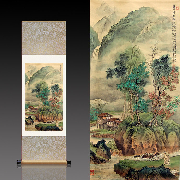 夏日清韵山水田园画风景挂画山水画丝绢宣纸仿古装饰画玄关客厅画