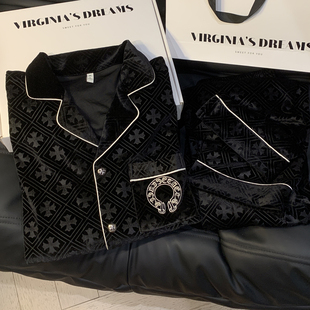 金丝绒情侣睡衣秋冬季珊瑚绒加厚长袖轻奢高级感男女士家居服套装