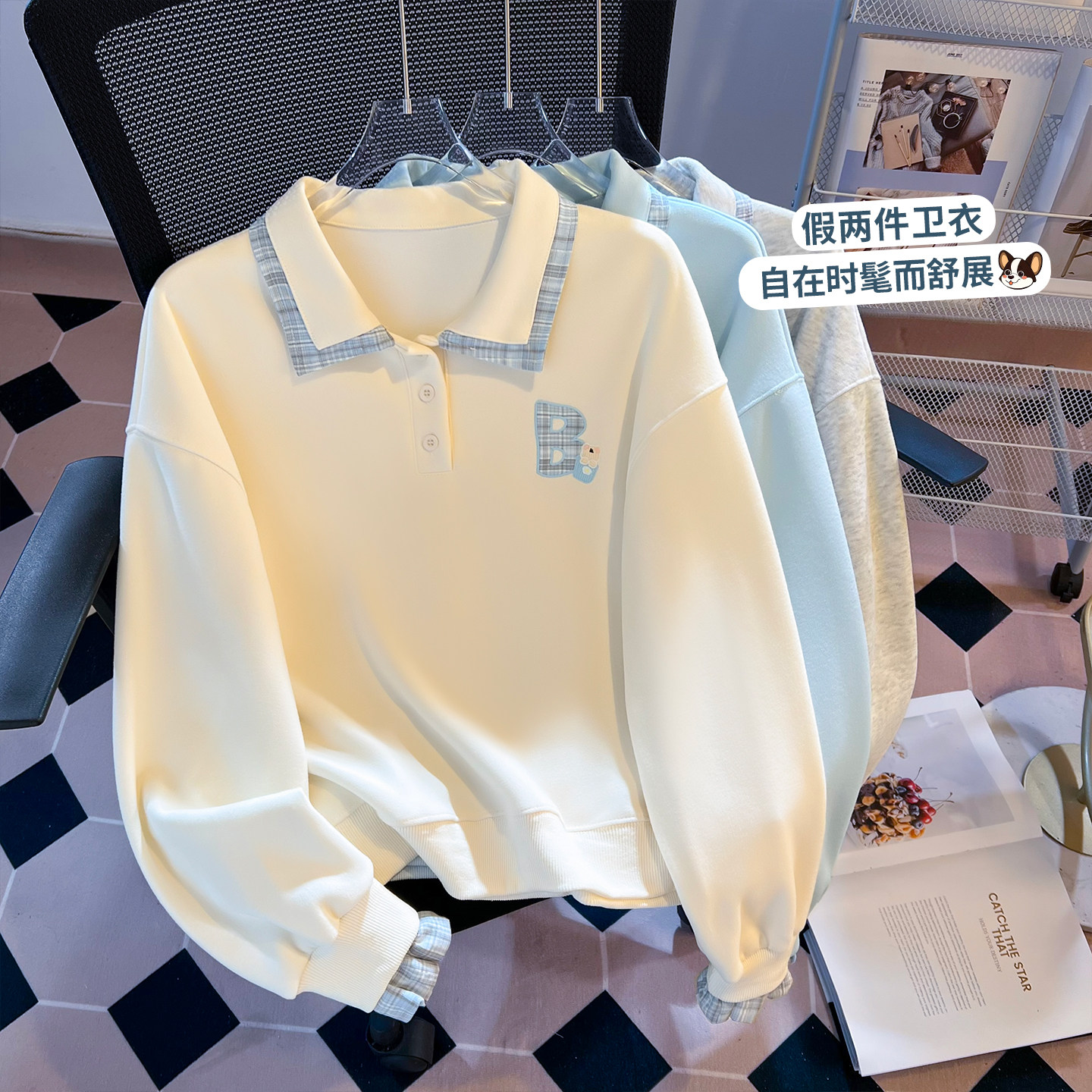 啄木鸟POLO领假两件刺绣卫衣女春秋宽松长袖t恤女学生上衣外套女