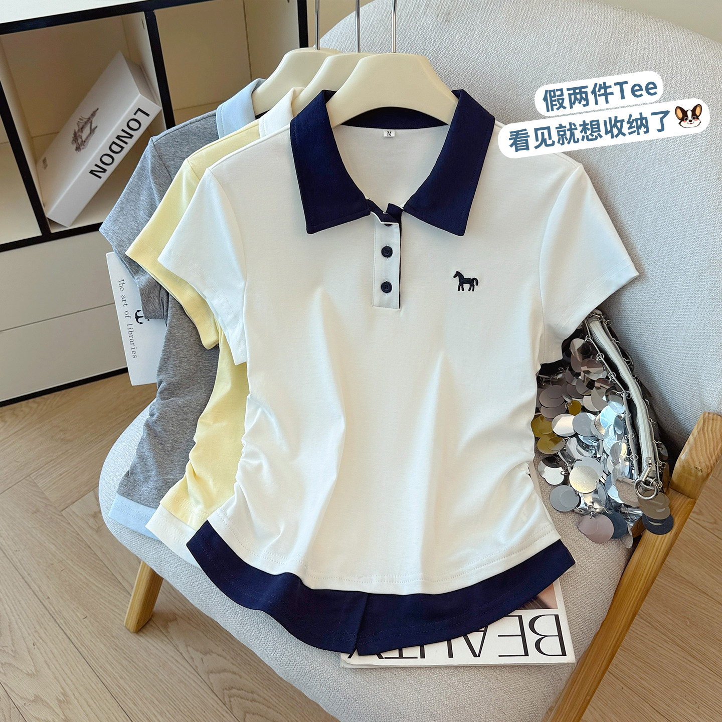啄木鸟假两件polo衫纯棉短袖T恤女小马刺绣夏季收腰短款褶皱上衣