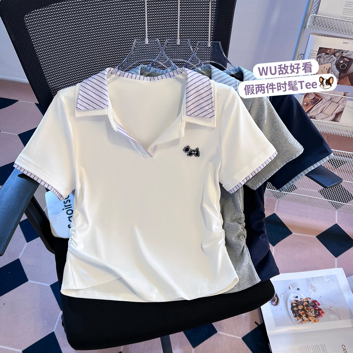 啄木鸟纯棉polo领条纹短袖t恤女短款2026夏季新款修身学生上衣女