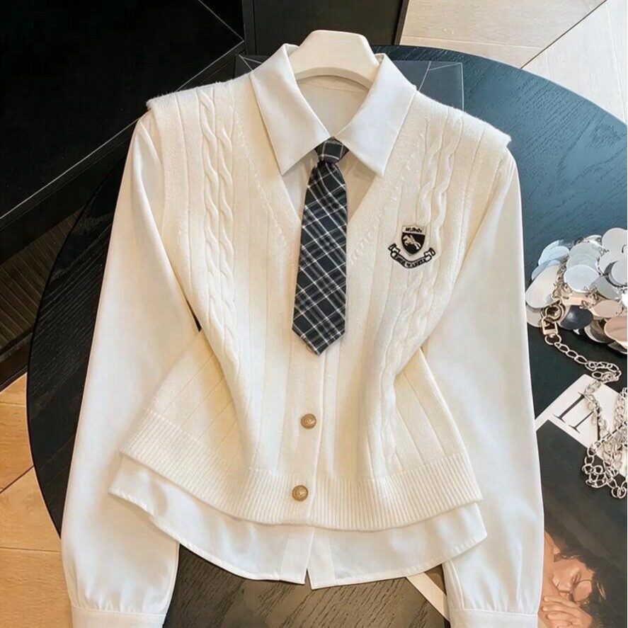 刺绣V领针织打底衫马甲毛衣女2026春秋新款白衬衫领带两件套装女