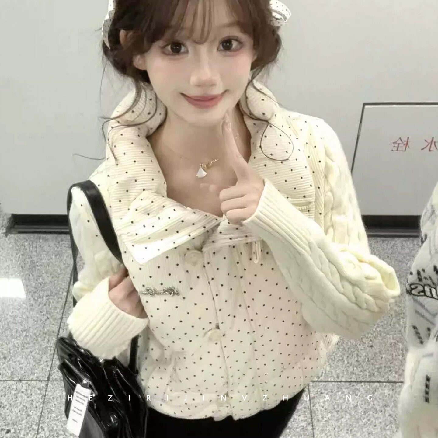 波点针织拼接立领羽绒棉服女冬季宽松加厚短款面包服棉衣外套女潮