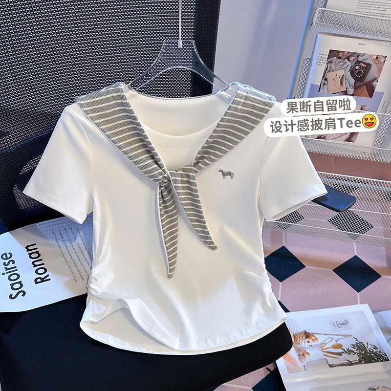 啄木鸟纯棉短袖T恤女夏季收腰显瘦设计感褶皱小众短款体恤小衫女