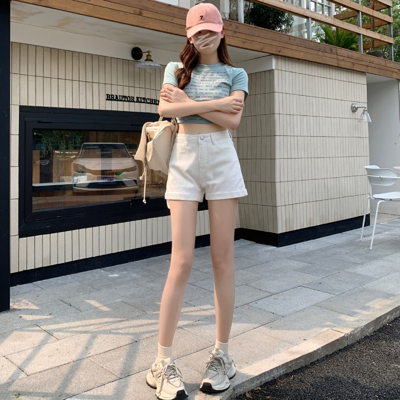 啄木鸟白色卷边高腰牛仔裤女短裤2026夏季新款弹力宽松阔腿热裤子