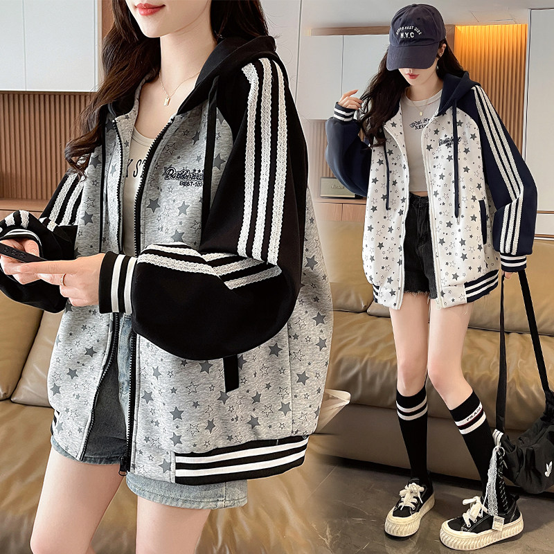 休闲星星印花连帽开衫外套女春秋棒球服学生风衣夹克工装冲锋衣女
