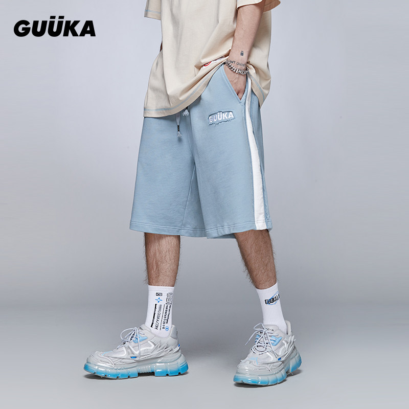 guuka天空蓝运动短裤男纯棉潮青少年嘻哈logo剪布刺绣五分裤宽松