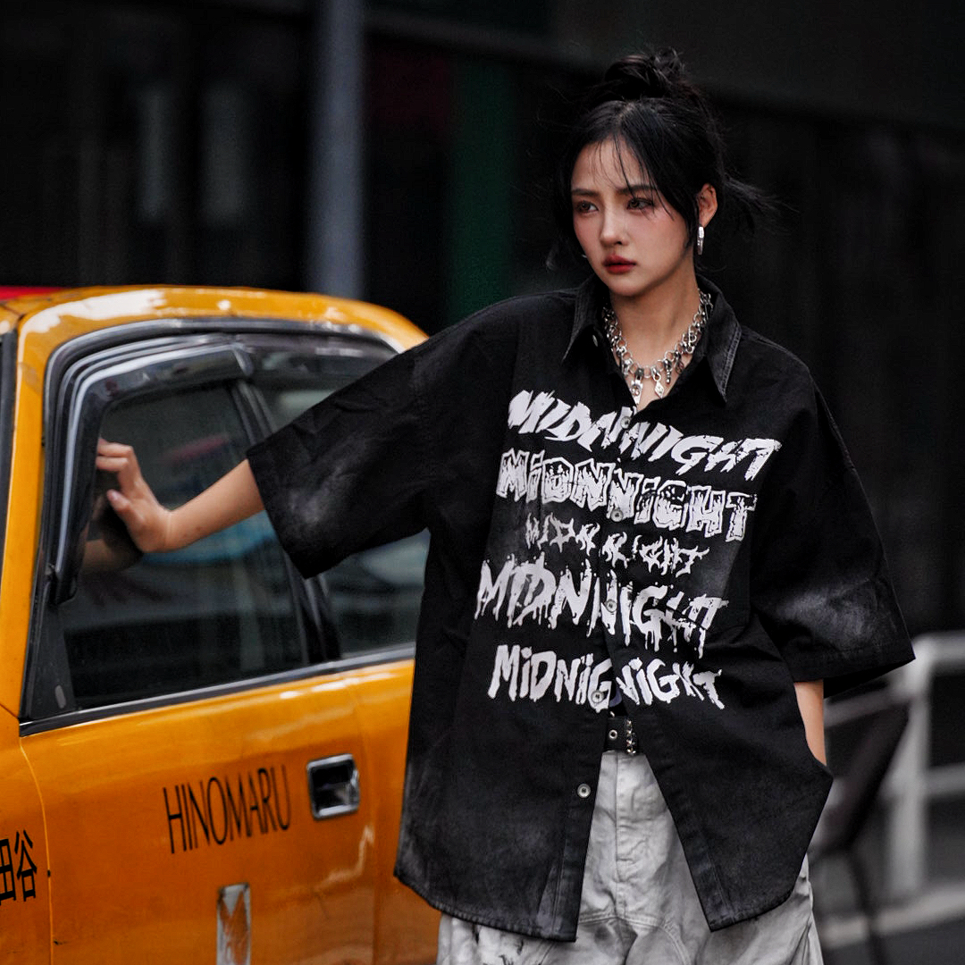 新款原创拼接印花宽松高街男女款短袖T恤街头国潮嘻哈半袖黑色