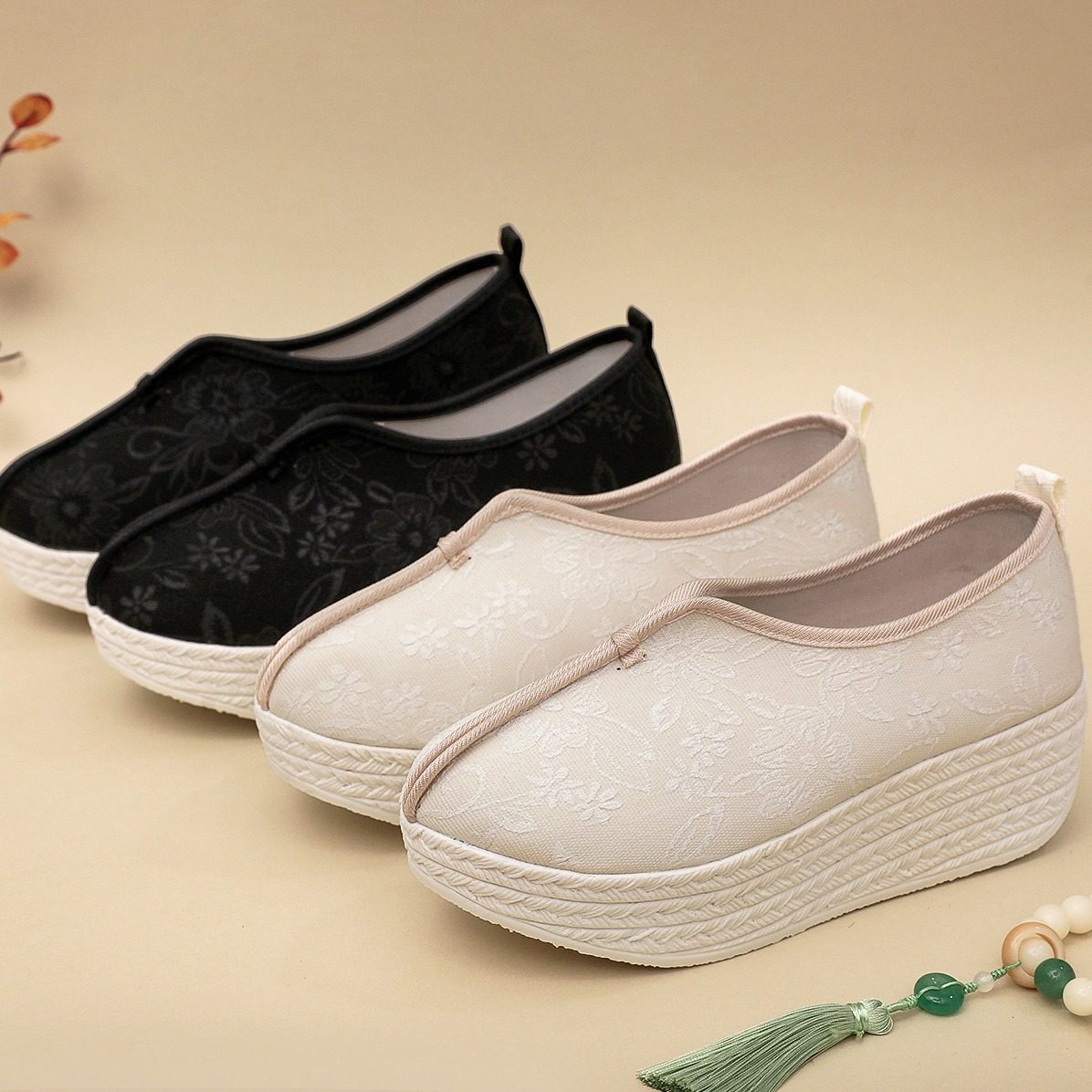 古风小花汉服鞋表演纯色国风古装淡雅舞台厚底坡跟绣花布鞋5厘米,女鞋,传统布鞋,淘宝优惠券,粉丝福利购,淘宝优惠卷