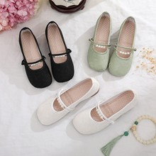 中式国风低跟汉服鞋子浅口粗跟配旗袍老北京布鞋女法式玛丽珍单鞋