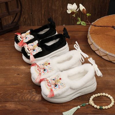 松糕加绒暖秋 虎头鞋2025新款中式轻便厚底增高民族风布鞋女重工