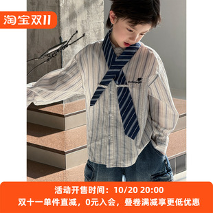 儿童衬衫领带2026新款韩版男女宝洋气条纹衬衣中小童时尚休闲上衣