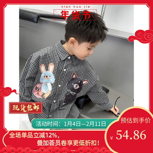 男童衬衫2025秋装新款韩版儿童格纹宽松上衣时髦童装衬衣小兔外套