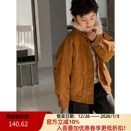 儿童夹克2025冬装新款韩版时尚纯色简约百搭保暖加厚毛毛翻领外套