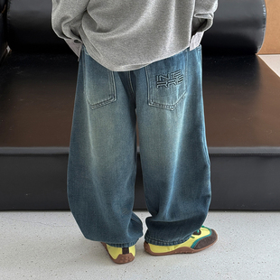 儿童牛仔裤加绒加厚2025冬装新款韩版宝宝直筒宽松长裤子男孩帅气
