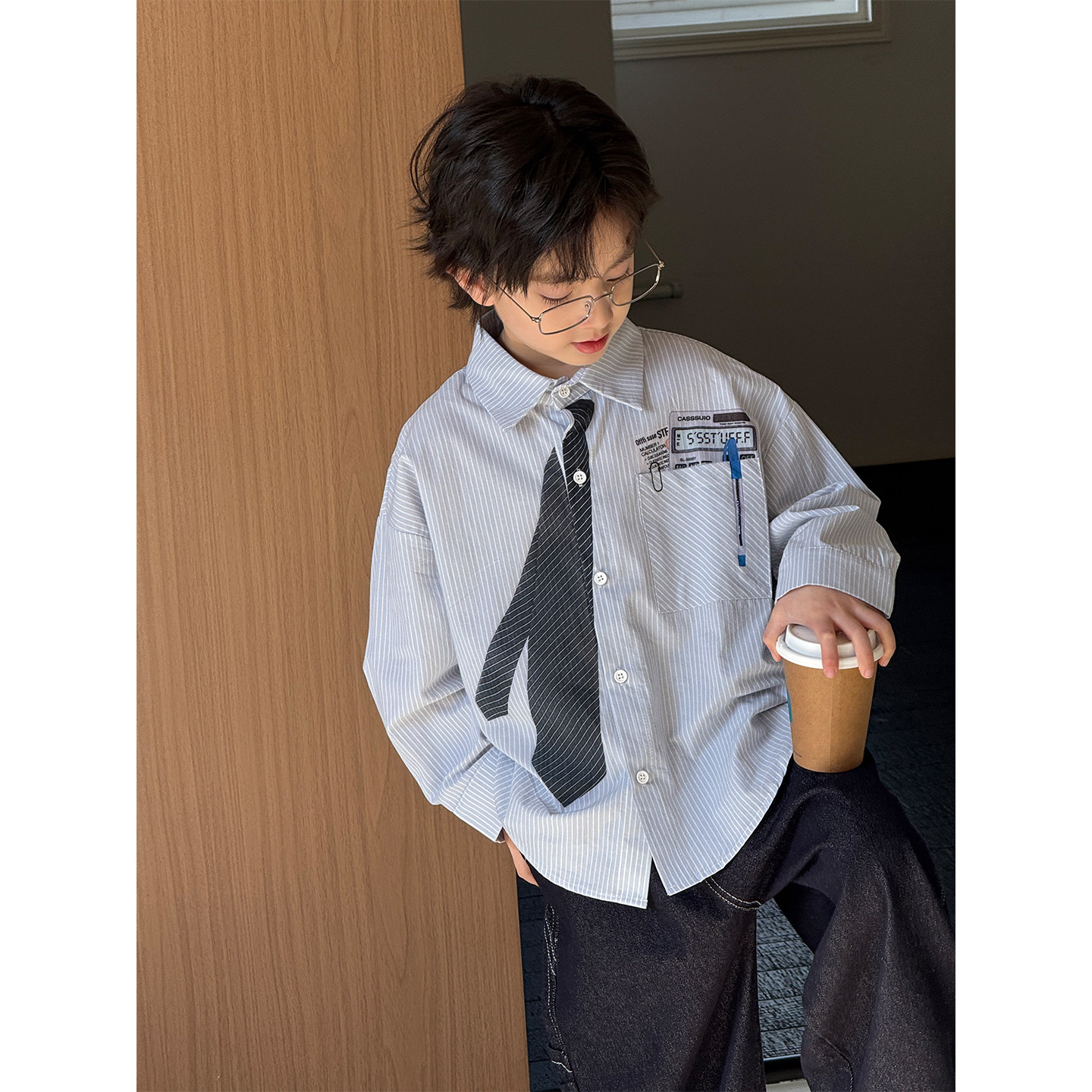 儿童衬衫印花领带2026新款韩版男女宝洋气条纹衬衣中小童休闲外套图片