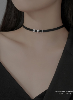 925纯银choker锁骨链项链女脖颈链颈带黑色皮绳项圈小众设计ins潮