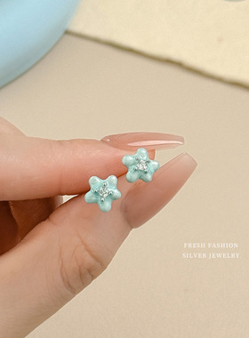 韩系ins风花朵耳钉女 清新甜美镶锆石纯银耳针小花耳饰品