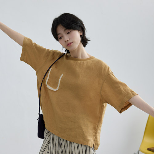 拙外【雾山】夏日绝美漂亮小上衣夏季新款100%亚麻设计感女士t恤