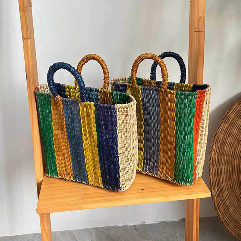 彩色竖条纹草编手提袋特色手工艺编织包波西米亚风沙滩包草席拎包