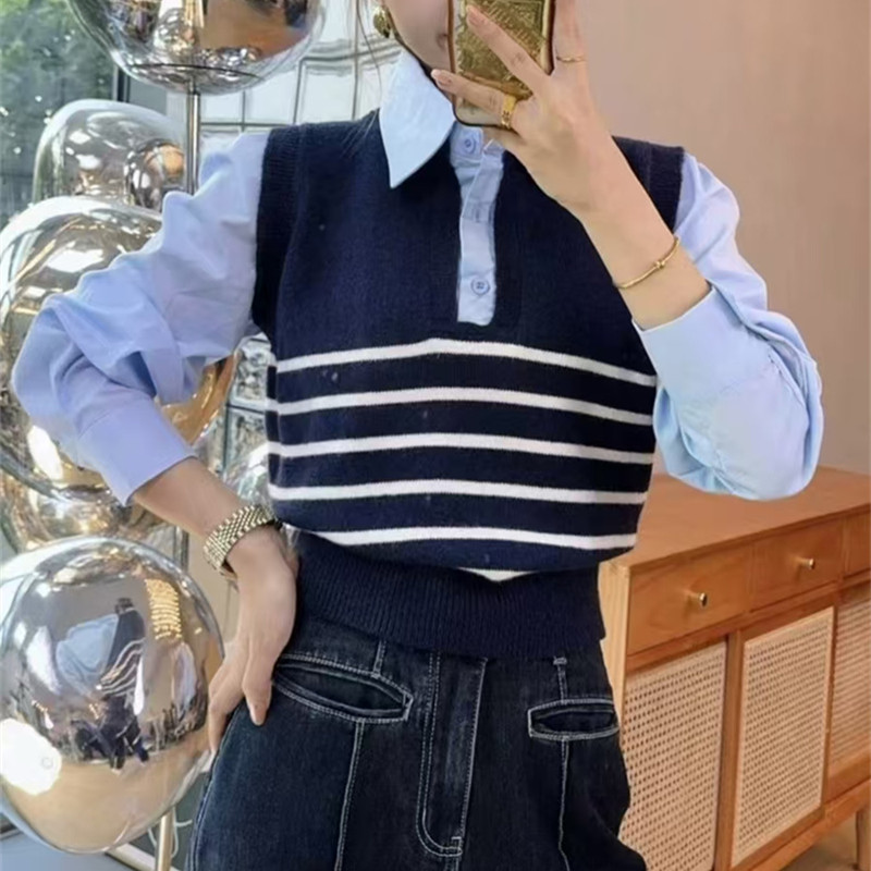秋季新款拼接假两件毛衣女2024新款春秋单穿衬衫针织背心拼接上衣