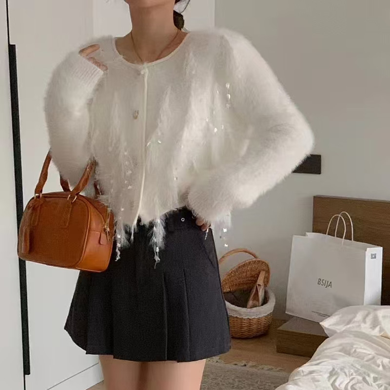 秋冬仿水貂绒短款毛衣外套女秋季名媛风设计感慵懒高级感针织开衫
