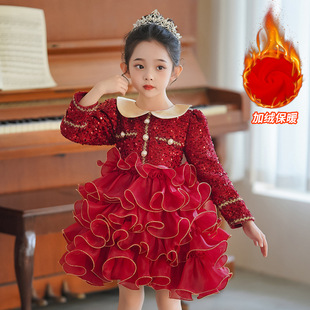 女童秋冬新款 连衣裙洋气红色宝宝公主裙加绒拜年生日婚礼裙子时髦