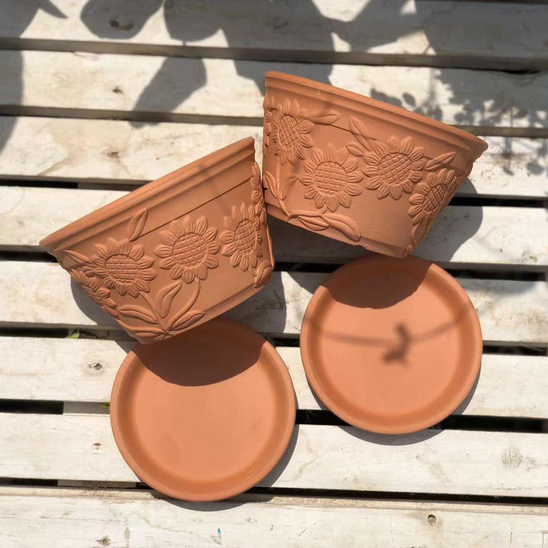 绿家园在线原创欧式向日葵浮雕红陶花盆带托盘桌面酢浆草花卉透气