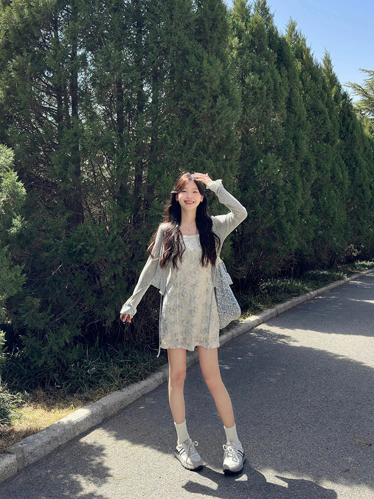 Summer 'Salt Style' Outfit: Grey Cardigan & Floral Slip Dress Set - Buy from Taobao, China | Shopme Agent