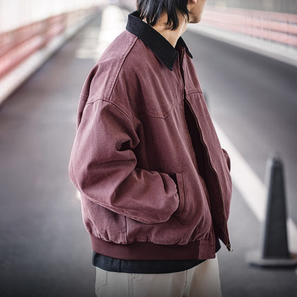 MRA男装 美式酒红色重磅圣达菲帆布夹克翻领短宽款boxy外套工装秋
