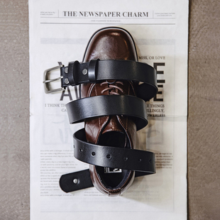 MRA男装 腰带 头层牛皮进口纯真皮带单针白铜扣头黑皮3.3cm宽窄裤