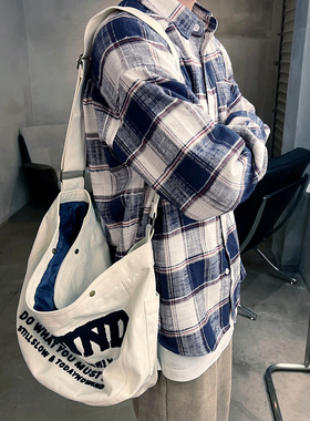 MRA男装日系撞色蓝白条纹长袖衬衫cozyfit松弛风大格子外套潮早春