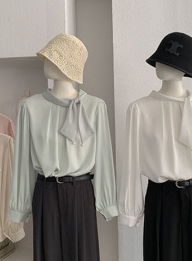 法式温柔结缎面衬衫女春季通勤气质长袖垂感上衣