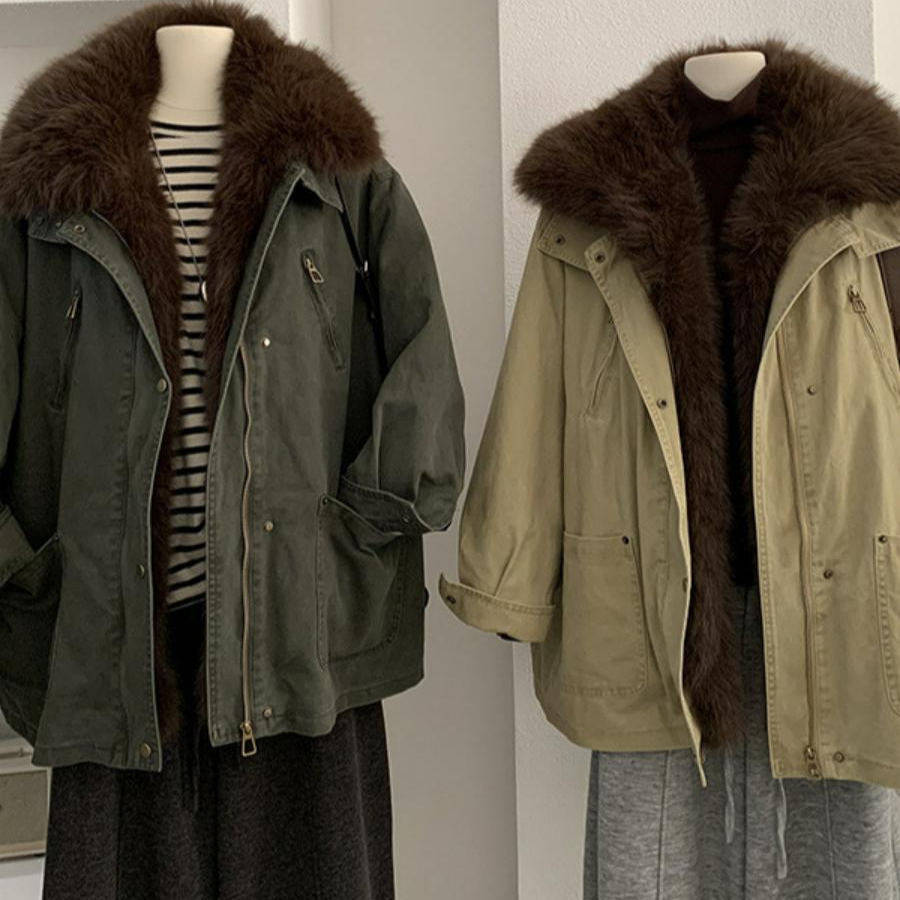 大翻领毛毛拼接工装羽绒服女冬季中长款白鸭绒派克服