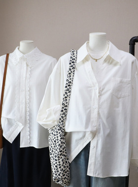 []早春新韩系花边气质彩扣减龄百搭中长款衬衫女
