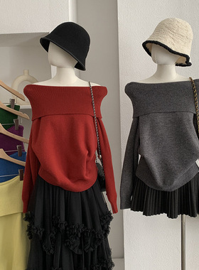 一字领针织衫上衣版纯色修身显瘦长袖毛衣潮