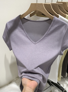 莱赛尔紫色领短袖恤女韩版2025夏季新款修身显瘦正肩上衣