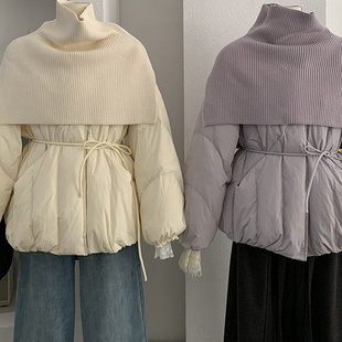 收腰系带长袖 新款 外套 羽绒服冬季 针织披肩中长款