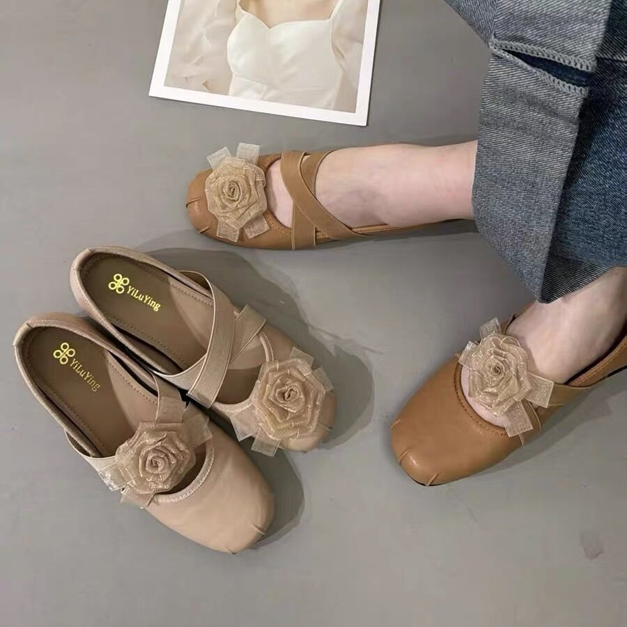 欧版~真皮山茶花玛丽珍鞋女2026年新款平底配裙子芭蕾舞浅口单鞋