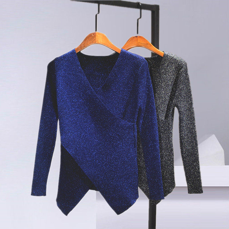 亮丝毛衣女潮ins上衣胸前交叉设计感v领打底衫闪光丝洋气针织小衫