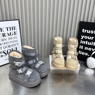 2025冬季真皮羊毛欧货皮带扣机车雪地棉靴休闲厚底松糕短靴女鞋景