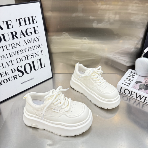 2026春秋新款真皮透气松糕小白鞋低帮系带厚底增高休闲运动女鞋芳