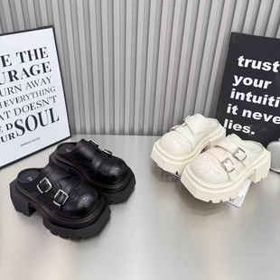 2026新款春季英伦欧货增高鞋黑色小皮鞋百搭单鞋厚底乐福半拖女兮