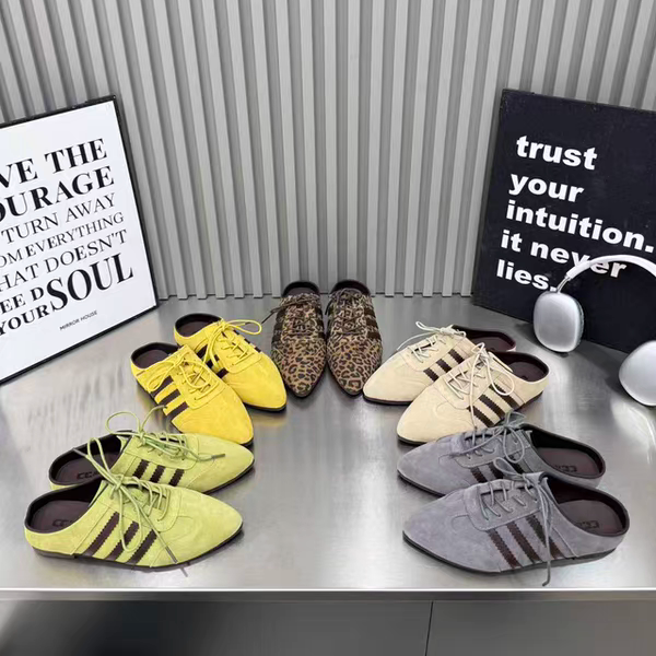 2026春夏新款欧货尖头磨砂牛皮平底系带包头半拖鞋女外穿德训鞋A