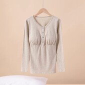 圆领T恤 哺乳衣可拆卸插片喂奶服 大码 纯棉前开扣长袖