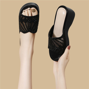 镂空一脚蹬坡跟水钻拖鞋 春夏外穿凉鞋 女鞋 增高厚底6cm新款 女时尚