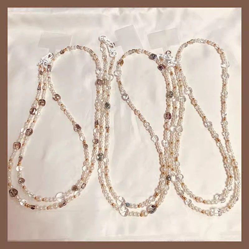 手机挂绳长款斜挎水晶珍珠手机挂链女款小香风挂脖背链防摔挂件女