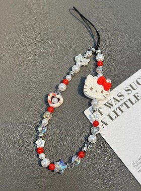 原创串珠KITTY猫红色爱心手绘可爱手机链ccd防丢相机绳挂链装饰