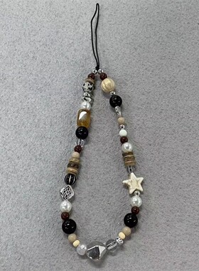 美拉德风棕咖色串珠爱心手机链钥匙扣手机链包包配饰挂链ccd相机