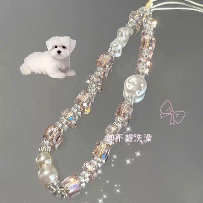 原创简约冰透粉水晶diy串珠手机链条配件ccd相机挂绳立得丢手挂件